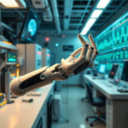 A hyper-realistic depiction of a neuro-controlled prosthetic arm, showcasing cutting-edge technology with a sleek and modern design