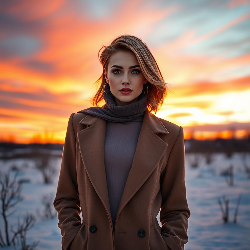 A stunning Russian woman aged between 40 and 45 years, depicted in a full-body shot