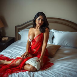 A hot Indian brunette maid sitting gracefully on a bed, exuding confidence and sensuality