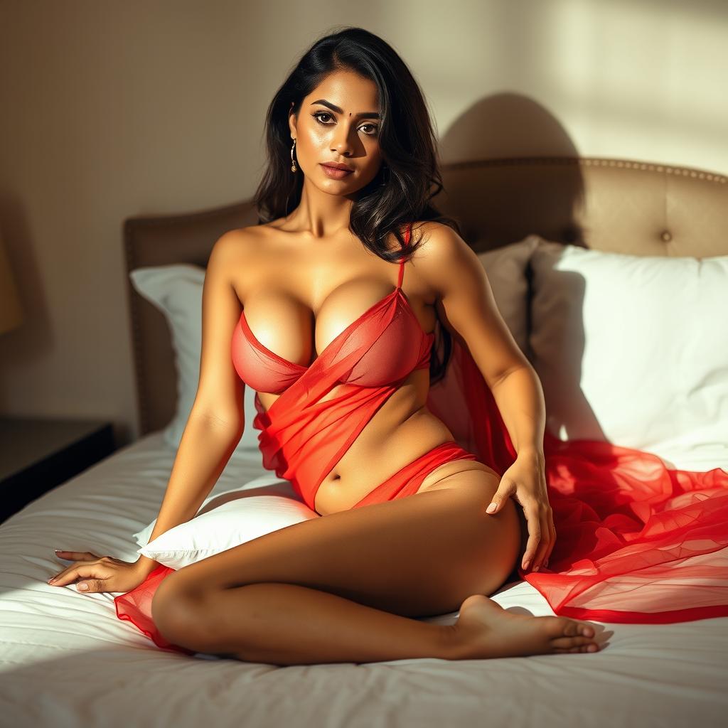 A hot Indian brunette maid sitting gracefully on a bed, exuding confidence and sensuality