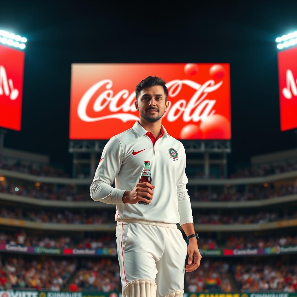 A medium shot of a cricket player standing confidently in the center of a well-lit stadium, holding a Coca-Cola bottle in their right hand