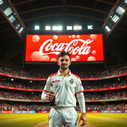 A medium shot of a cricket player standing confidently in the center of a well-lit stadium, holding a Coca-Cola bottle in their right hand