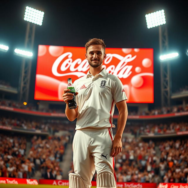 A medium shot of a cricket player standing confidently in the center of a well-lit stadium, holding a Coca-Cola bottle in their right hand