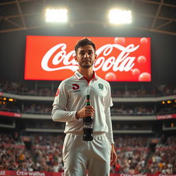 A medium shot of a cricket player standing confidently in the center of a well-lit stadium, holding a Coca-Cola bottle in their right hand