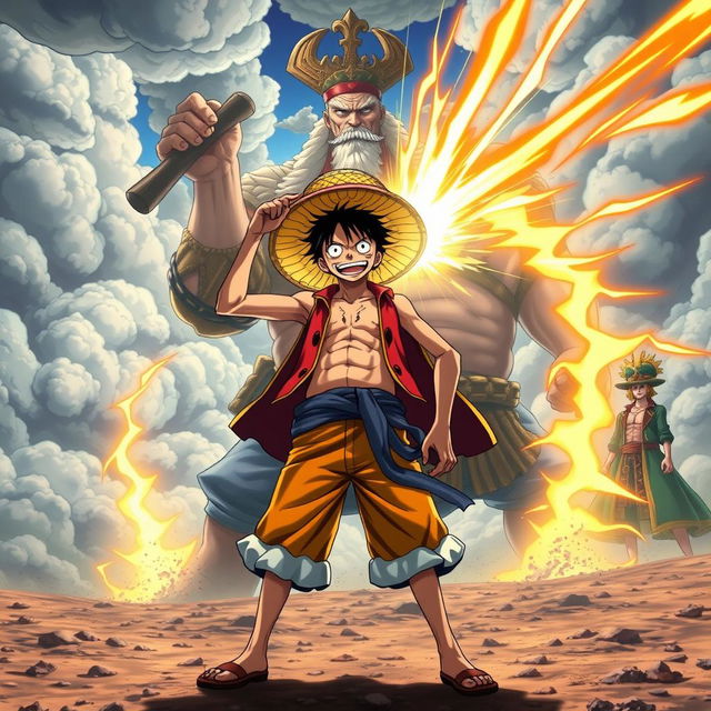 An epic scene depicting Usopp, in his iconic straw hat and vibrant outfit, standing confidently on a battlefield, using his Conqueror's Haki to stop the powerful attacks from Whitebeard and Gol D