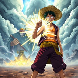 An epic scene depicting Usopp, in his iconic straw hat and vibrant outfit, standing confidently on a battlefield, using his Conqueror's Haki to stop the powerful attacks from Whitebeard and Gol D
