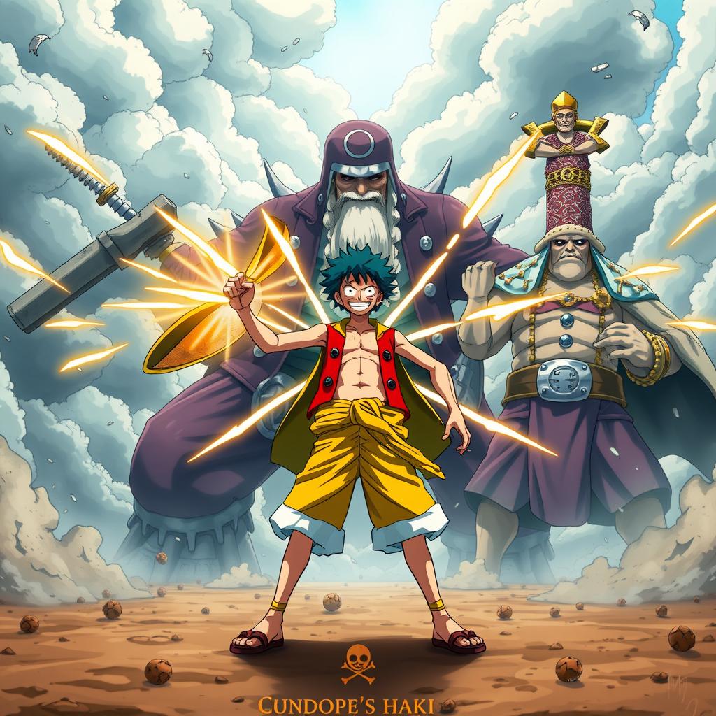 An epic scene depicting Usopp, in his iconic straw hat and vibrant outfit, standing confidently on a battlefield, using his Conqueror's Haki to stop the powerful attacks from Whitebeard and Gol D