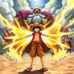 An epic scene depicting Usopp, in his iconic straw hat and vibrant outfit, standing confidently on a battlefield, using his Conqueror's Haki to stop the powerful attacks from Whitebeard and Gol D