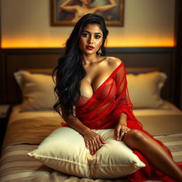 A hot Indian brunette maid sitting alluringly on a bed, showcasing her cleavage while maintaining a graceful posture