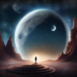 A high-quality digital art piece depicting a surreal scene of teleportation between Earth and the Moon