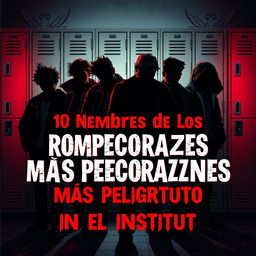 A captivating and eye-catching cover design for a list titled 'Los 10 Nombres de los Rompecorazones Más Peligrosos en el Instituto'