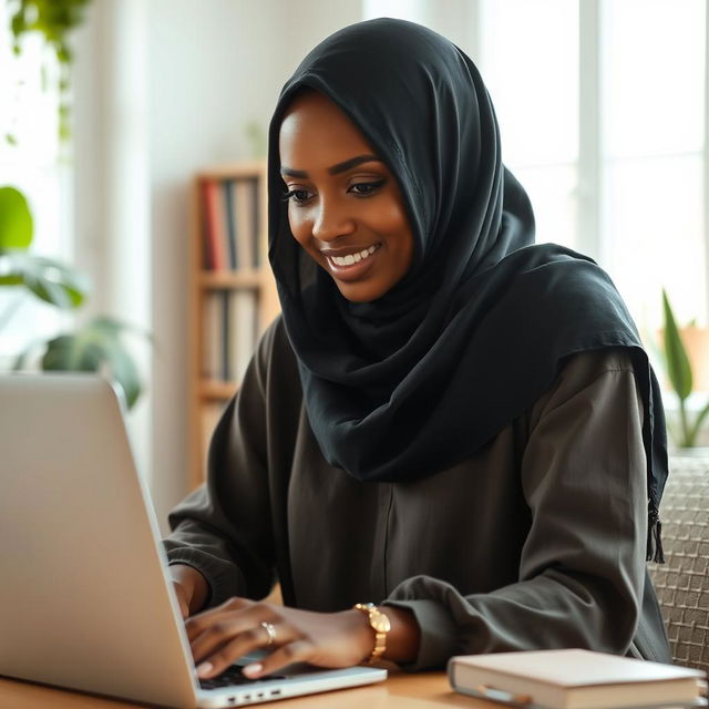 A beautiful young woman wearing a hijab, with olive skin, focused on working with a laptop