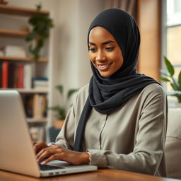 A beautiful young woman wearing a hijab, with olive skin, focused on working with a laptop