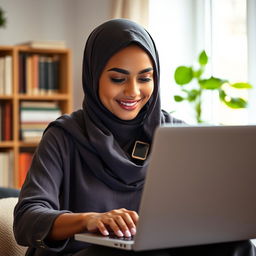A beautiful young woman wearing a hijab, with olive skin, focused on working with a laptop