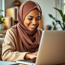 A beautiful young woman wearing a hijab, with olive skin, focused on working with a laptop