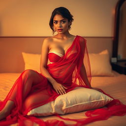 A hot Indian brunette maid sitting provocatively on a bed, revealing her cleavage and one breast while elegantly positioned on a soft pillow between her legs