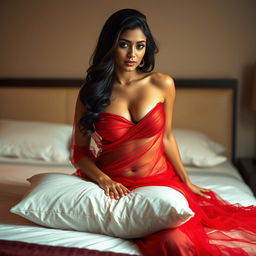 A hot Indian brunette maid sitting provocatively on a bed, revealing her cleavage and one breast while elegantly positioned on a soft pillow between her legs
