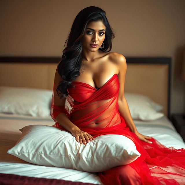 A hot Indian brunette maid sitting provocatively on a bed, revealing her cleavage and one breast while elegantly positioned on a soft pillow between her legs