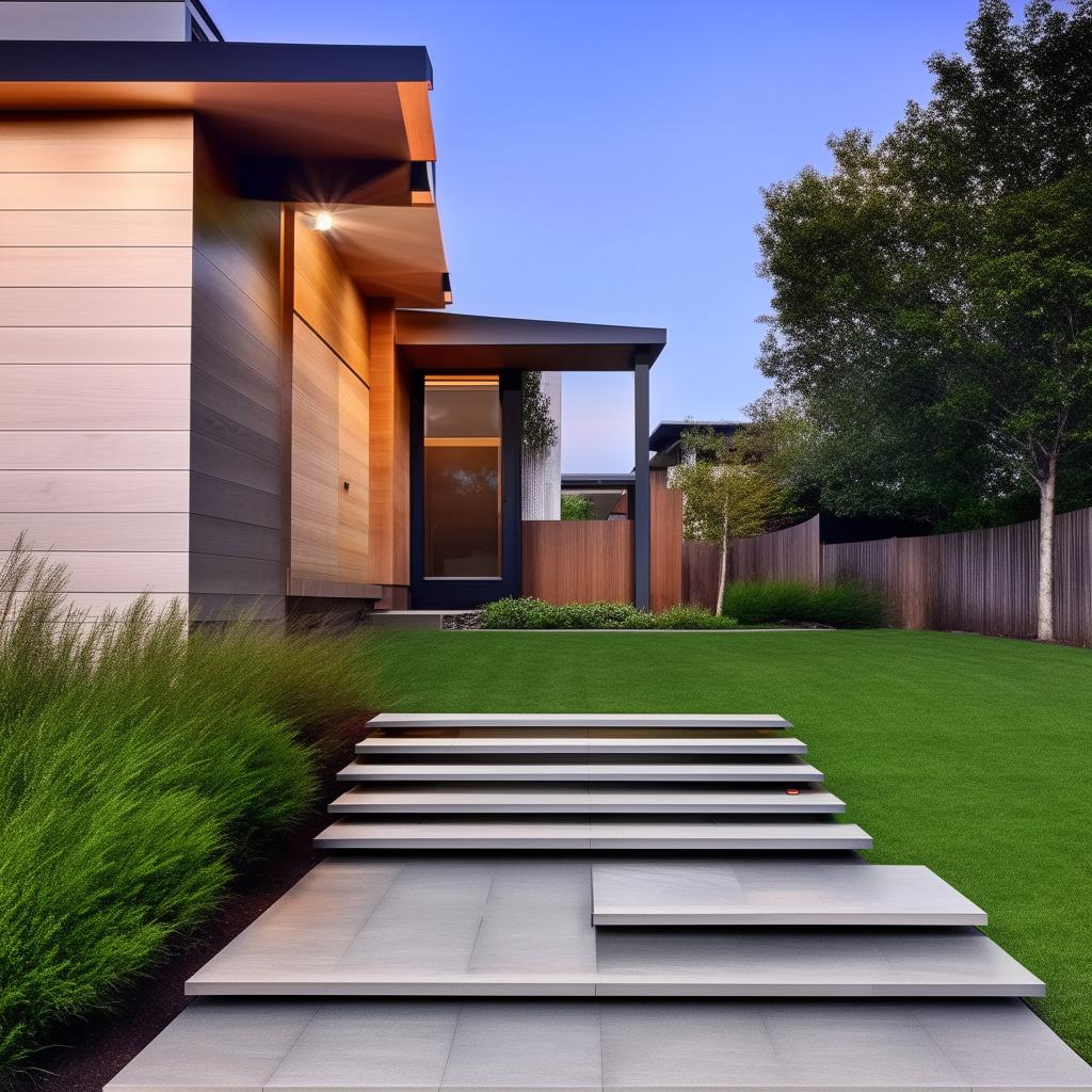 Modern house with aesthetically pleasing landscaping and sleek composite steps