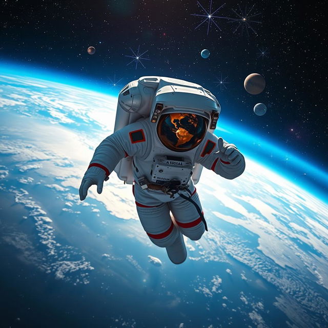 An astronaut floating gracefully in space, surrounded by vivid stars and a stunning view of Earth in the background