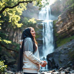 A romantic scene depicting a couple standing together near a stunning waterfall after a hiking adventure