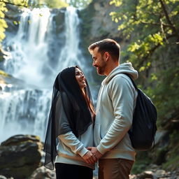 A romantic scene depicting a couple standing together near a stunning waterfall after a hiking adventure