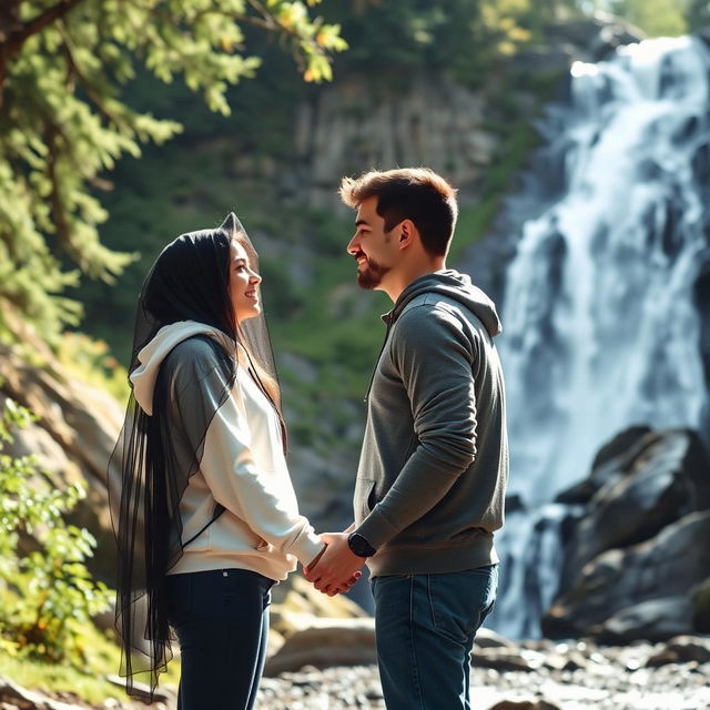 A romantic scene depicting a couple standing together near a stunning waterfall after a hiking adventure