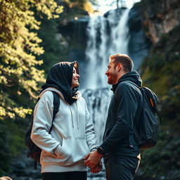 A romantic scene depicting a couple standing together near a stunning waterfall after a hiking adventure