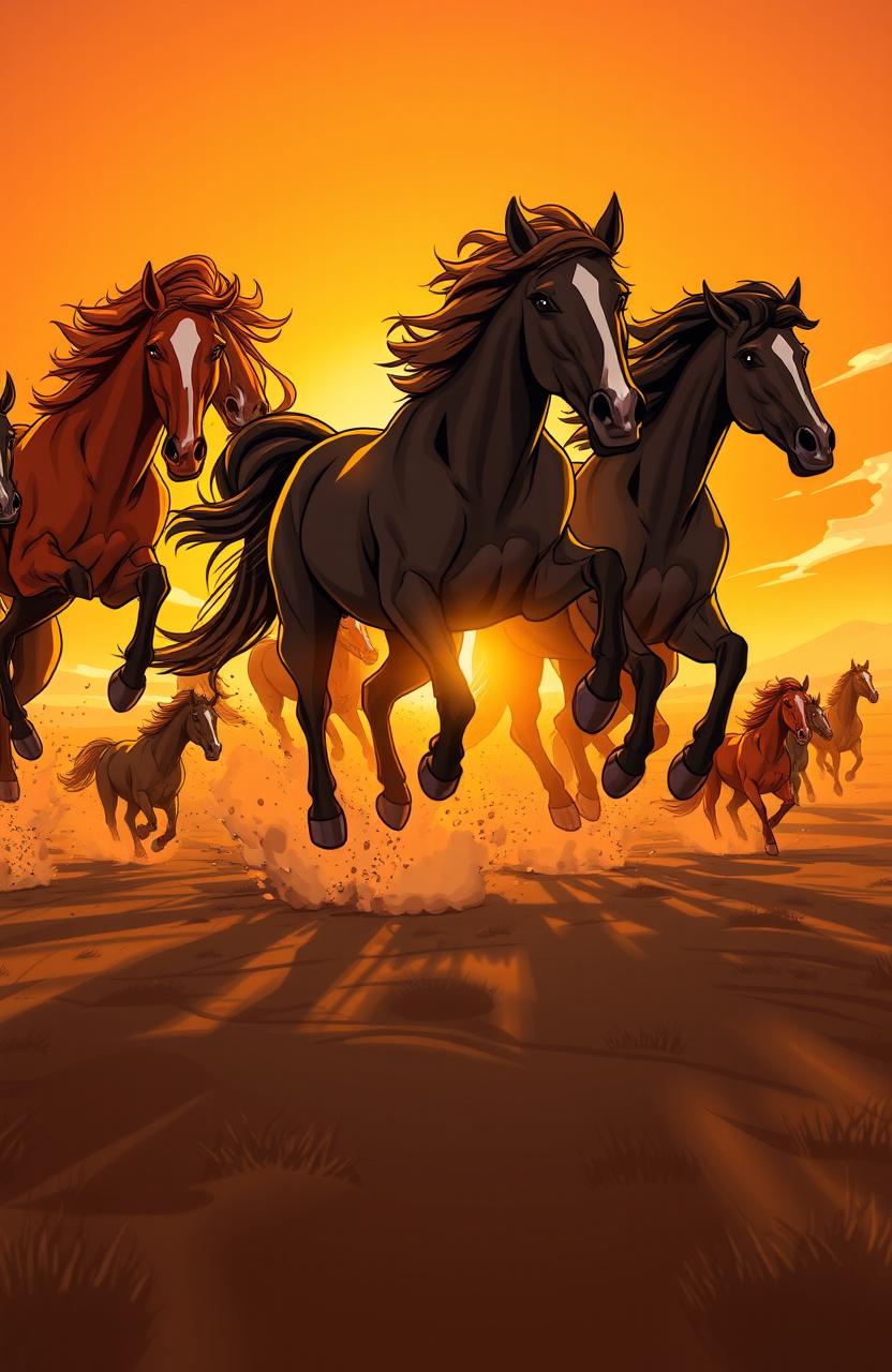 A striking and dynamic illustration of a group of wild, startled horses resembling a stampede, their powerful bodies charging across a vast, open landscape