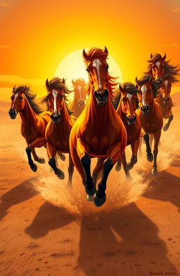 A striking and dynamic illustration of a group of wild, startled horses resembling a stampede, their powerful bodies charging across a vast, open landscape