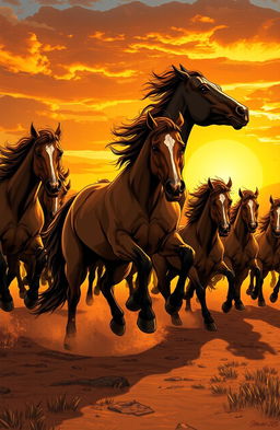 A striking and dynamic illustration of a group of wild, startled horses resembling a stampede, their powerful bodies charging across a vast, open landscape