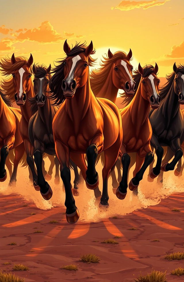 A striking and dynamic illustration of a group of wild, startled horses resembling a stampede, their powerful bodies charging across a vast, open landscape