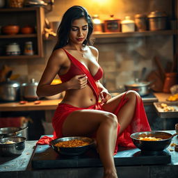 A hot Indian brunette maid sitting on a kitchen slab with her legs wide spread, playfully undressing her breasts while cooking