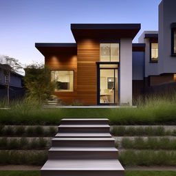 Modern house with aesthetically pleasing landscaping and sleek composite steps