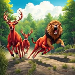 A dynamic and vivid illustration of wild red deer, appearing startled and fierce, galloping away from a majestic lion
