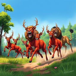 A dynamic and vivid illustration of wild red deer, appearing startled and fierce, galloping away from a majestic lion