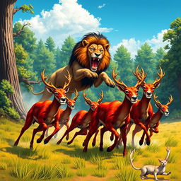 A dynamic and vivid illustration of wild red deer, appearing startled and fierce, galloping away from a majestic lion