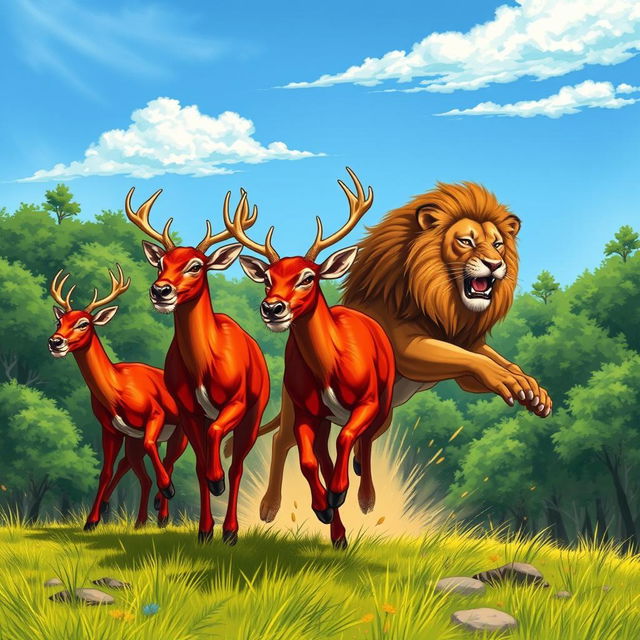 A dynamic and vivid illustration of wild red deer, appearing startled and fierce, galloping away from a majestic lion