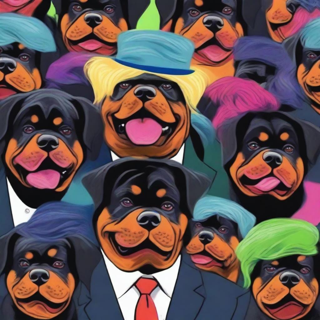 A quirky, high-quality digital art piece that features Rottweiler dogs, but with a humorous twist