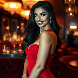 A stunning woman with a confident pose, wearing a form-fitting red dress that accentuates her curves