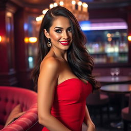 A stunning woman with a confident pose, wearing a form-fitting red dress that accentuates her curves