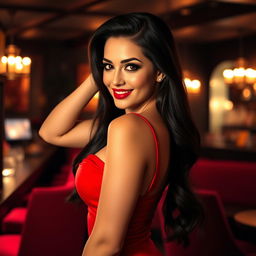A stunning woman with a confident pose, wearing a form-fitting red dress that accentuates her curves