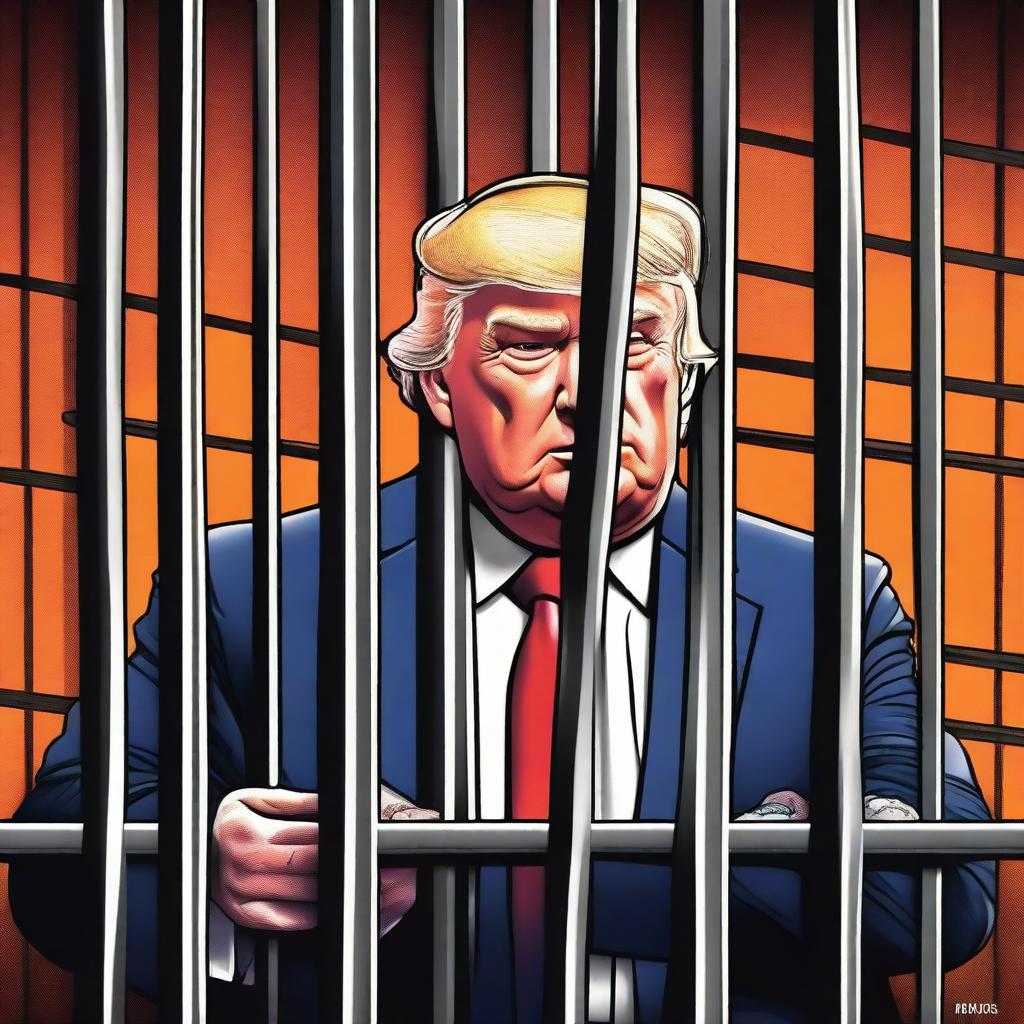 A high-quality, digital artwork depicting Donald Trump behind bars