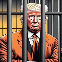 A high-quality, digital artwork depicting Donald Trump behind bars