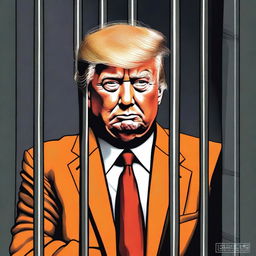 A high-quality, digital artwork depicting Donald Trump behind bars