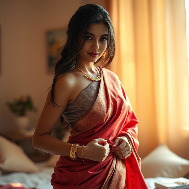 A cute Indian brunette maid elegantly undressing her saree in a soft, dreamy setting