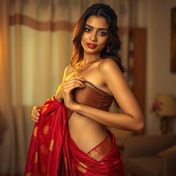A cute Indian brunette maid elegantly undressing her saree in a soft, dreamy setting