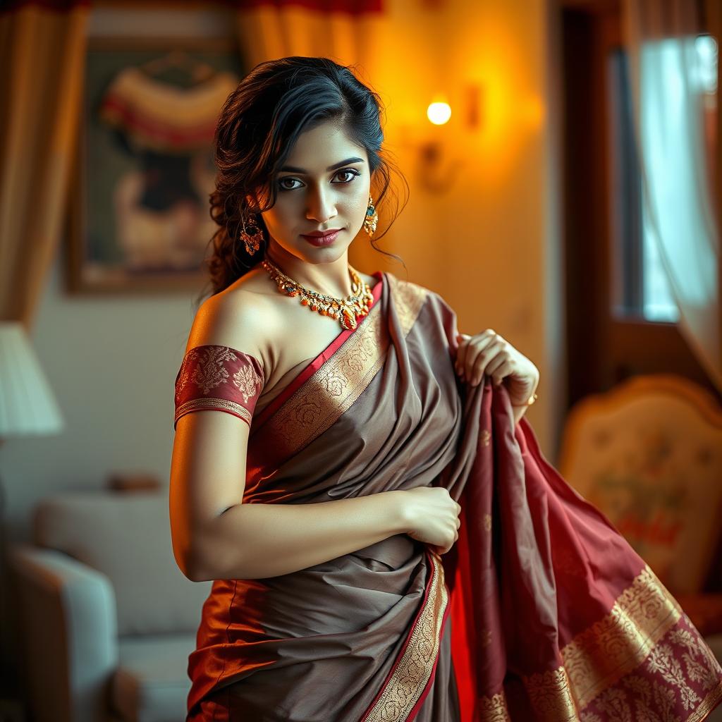 A cute Indian brunette maid elegantly undressing her saree in a soft, dreamy setting