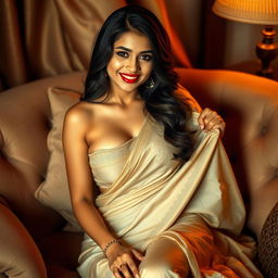 A cute Indian brunette maid playfully undressing her saree while sitting elegantly in a cozy, intimate setting