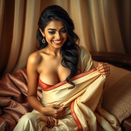 A cute Indian brunette maid playfully undressing her saree while sitting elegantly in a cozy, intimate setting